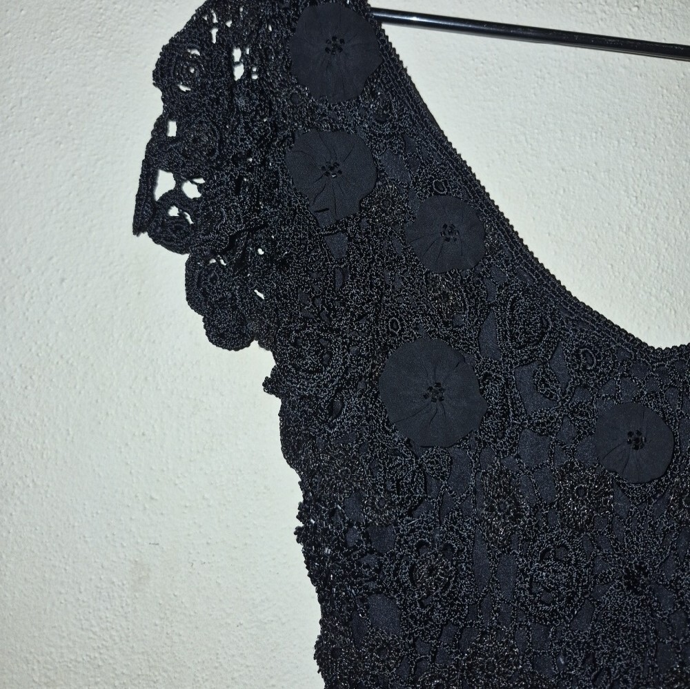 Vintage Black Crochet Lace V-Neck Asymetrical Women’s Dress - Picture 2 of 16